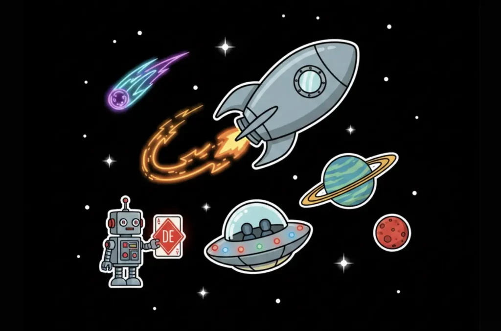 Robot with DE casino card in space for cosmic games at freeslots99.com
